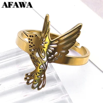 естетически колибри пръстени за жени мъже неръждаема стомана злато цвят животински летяща птица регулируеми пръст пръстен женски бижута