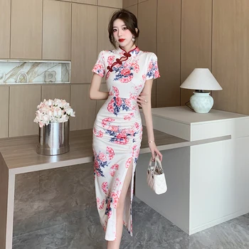 Жените елегантен сплит Qipao рокля китайски стил ретро отпечатани тънък Cheongsams дама френски секси парти рокли реколта вестидос