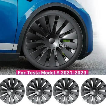 За Tesla Model Y 2019-2022 Капаци на колелата 19 инчови тасове Комплект за подмяна на протектор за джанти Напълно обвит матово черен 4PCS