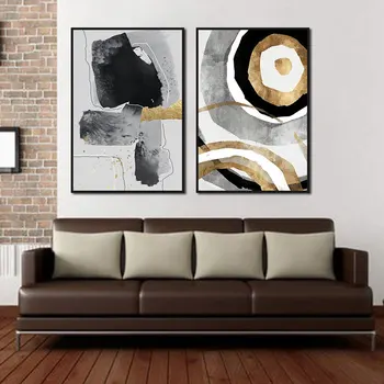 Златен черно-бял плакат Абстрактен геометричен стенен арт платно за хол Nordic Home Decor Pictures Без рамки
