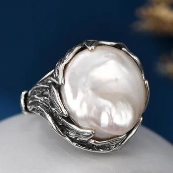 Истински истински S925 стерлинги сребърни пръстени за жени нова мода бароков сладководна перла реколта етнически стил бижута на едро