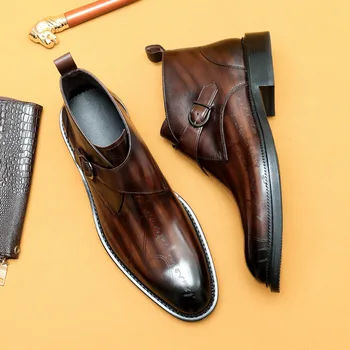 Италиански луксозни мъжки ретро ботуши от естествена кожа марка ръчно изработени дизайнерски модни катарама зимни глезена Челси бизнес обувки мъж