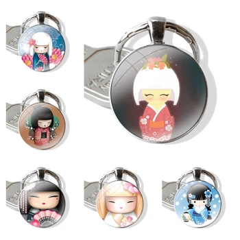 карикатура творчески дизайн мода kawaii японски kokeshi кукла стъкло cabochon ключодържател висулка кола ключодържатели ръчно изработени