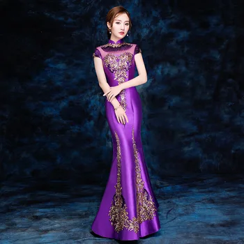 Китайска Нова година шоу Qipao елегантен русалка Cheongsam жени бродира пайети рокли къс ръкав сатен банкет рокля Vestidos