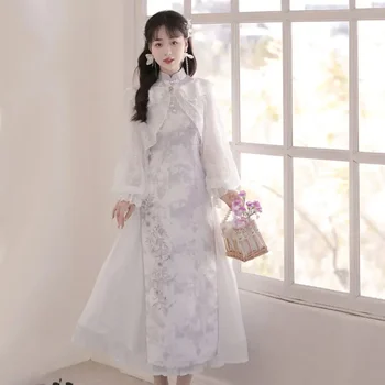 китайски лилаво флорални печатни без ръкави Cheongsam бутер ръкав жилетка дамско облекло пролет есен елегантен парти рокля Qipao