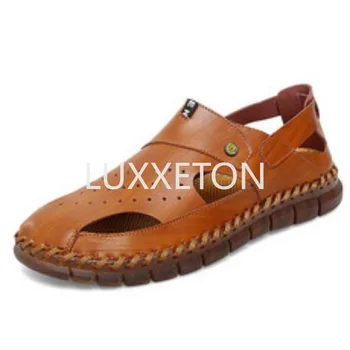 Класически летни мъжки сандали Естествена кожа Меки дишащи обувки Дизайнер Плаж Римска марка сандали Кожени мъжки сандали Слайдове