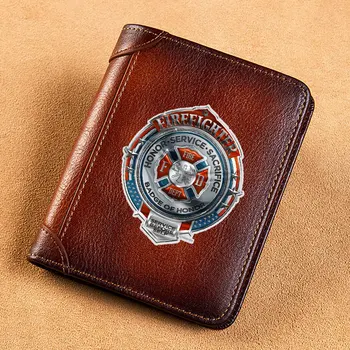 Класически пожарникар значка покритие естествена кожа мъжки портфейли къса карта притежателя чанта тройно сгънати мъжки портфейл