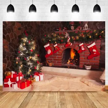 Коледа фон камина дърво реколта тухла къща стая блясък бебе фотография фон за фото студио винил фотофон
