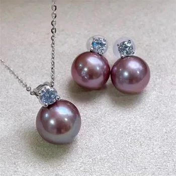 комплект очарователен южно море 10mm лилава перлена обица висулка бижута комплекти за жени сребро 925 бижута обеци