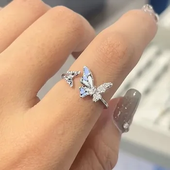 Корейска мода синьо циркон кристал пеперуда отворен пръстен за жени момичета естетически бижута Kpop шик сватбено парти аксесоари