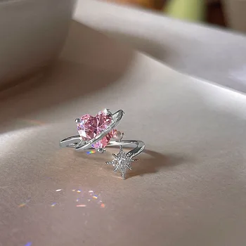 корейски INS прост розов любовен пръстен за жени мед вложка циркон кристал луксозна сплав пръстен мода звезда отваряне регулируем пръстен