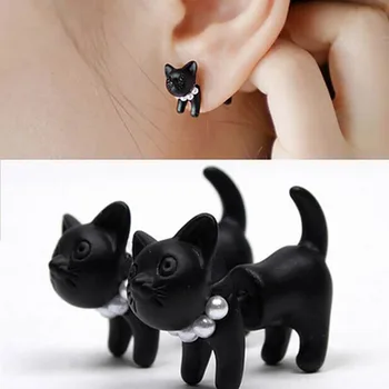 корейски ретро черна котка пиърсинг стерео ухо шипове висящи перлени обеци сладко коте Аксесоари за уши Модни бижута Подаръци