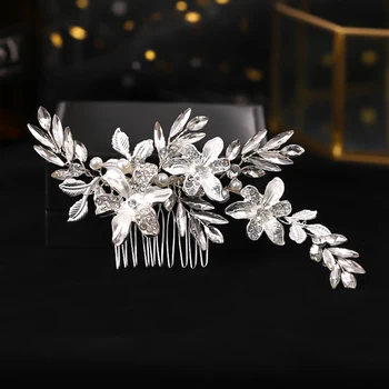 Кристални диадеми Гребени за коса за сватбено тържество жени перли листа ръчно изработени ленти за коса булчински сребърен цвят модни аксесоари