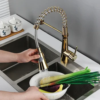Кухненска мивка зеленчуков басейн топъл и студен кран пролет мед издърпващ кранче с душ глава въртяща се