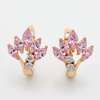 Луксозен естествен розов циркон жени 585 розово злато кристал цвете булката сватба капка обеци глоба сладък модни бижута