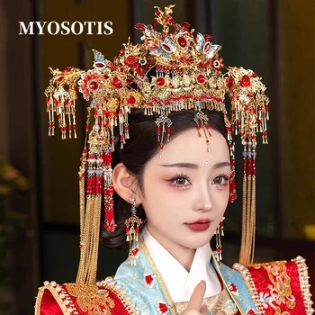 Луксозен ретро китайски сватба голям феникс сватба коса корона булчински костюм Xiuhe принцеса HEadpiece аксесоари