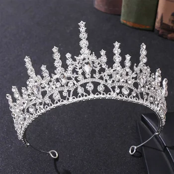 Луксозен сребърен цвят кристал булчински диадеми корона реколта бароков кристал диадема за булката ленти за глава сватба аксесоари за коса