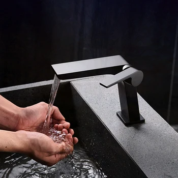 луксозна сива мивка кран месинг баня мивка водопад топла и студена вода смесител кран единична дръжка кран хром мивка смесител кран