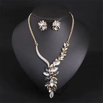 Луксозно цвете листа кристал кристал булчински бижута комплекти жени изявление злато сребърен цвят огърлица обеци комплект за сватба