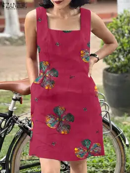 Лятна бохемска печатна рокля ZANZEA Дамски квадратни врата без ръкави флорални Sundress причинно-следствени рокли Holiday Beach Танкове Vestido