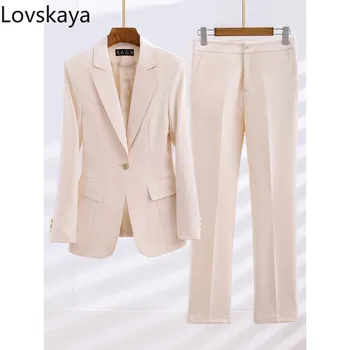 Мода женски бизнес работа износване яке и панталон официален 2 парче комплект дами блейзър панталони костюм жени