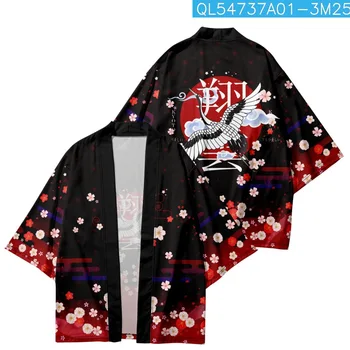 Мода Японски плаж Кимоно халат Черен кран печат Жилетка Мъжки ризи Юката Хаори облекло