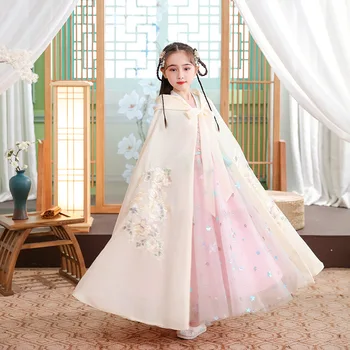 Момичешки ханфу нос есен нова тънка бродерия дълго наметало китайски деца древен стил мантия деца новогодишно облекло косплей