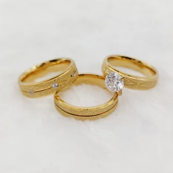 Най-добрите 3бр булчински комплекти Cz диамантени годежни пръстени за мъже и жени матирано 18k позлатено бижу