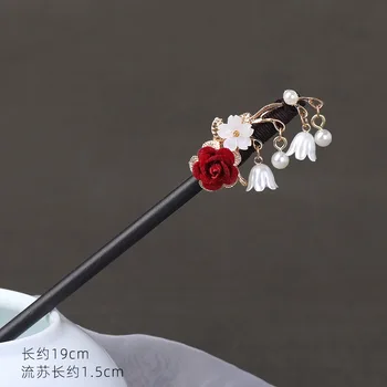 Най-новите вилици за коса на цветя ретро стил дълги пискюли фиби дървени пръчици за коса имитация на перли формован стъпка шейк китайски сватба