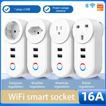 Нов 16A Tuya Wifi Smart Socket с 2 USB адаптер за изход за зареждане EU US UK Бразилия Plug Smart Life Control Via Alexa Google Home
