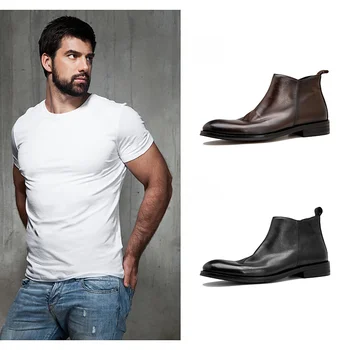 Нов британски стил естествена кожа младежка висока отгоре Челси глезена ботуши мъже случайни класически бизнес ботуши за мъже зимни обувки