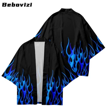 Нов дизайн Blue Flame печат риза кимоно жени мъже Harajuku Haori японски плаж Yukata Streetwear жилетка облекло