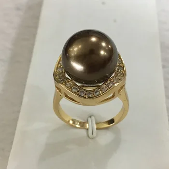  Нов дизайн красива дама 18KGP инкрустация кристал 14 мм кафява черупка перлен пръстен РАЗМЕР 6/7/8/9/10