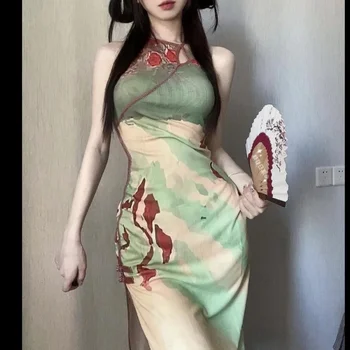 Нов секси подобрен Cheongsams без ръкави Qipao куха китайска рокля жени секси сплит неправилни презрамки Vestidos подобрени