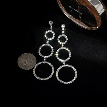 Нов стил дълги висящи обеци за жени сребърен цвят кристални кръгове висящи обеци булчински сватбени бижута на едро WX004