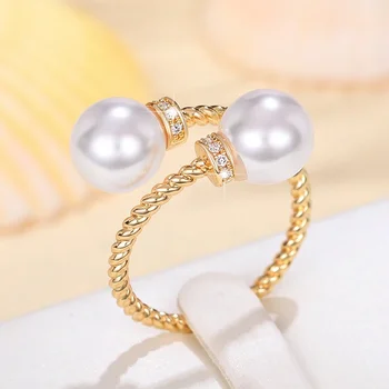 Нов темперамент Двойна имитация перла отворен пръстен обрат златен цвят лента мода дамски аксесоари сватбени бижута 2024