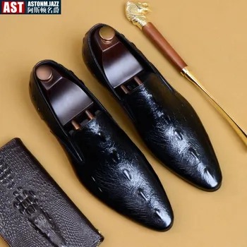 Обувки за мъже рокля обувки крокодил модел черен случайни мъже луксозни мокасини костюм официални естествена кожа мъже сватба Оксфорд обувки