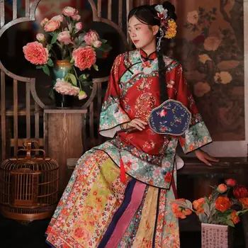 Оригинална тежка индустрия династия Цин червени цветя отпечатани хлабав ханфу топ жени 2023 Антични рокли за лице на кон Вестидос Чинос