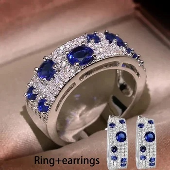 Ослепително синьо/бяло CZ нов пръстен за жени Сребърен цвят покритие сватба годеж модерен женски аксесоари модерни бижута