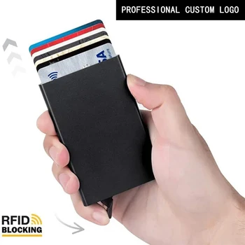 Персонализирано лого Rfid Smart Wallet Държач за карти Метален тънък тънък Мъже Дамски портфейли Изскачащ минималистичен портфейл Малка черна чанта Vallet