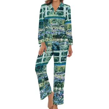 Пижама с водна лилия Клод Моне Прекрасен пижамен комплект с дълъг ръкав 2 части Нощна пролет Персонализирано нощно облекло Подарък за рожден ден