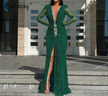 Плюс размер дълбоко V врата фронт цепка вечерна рокля луксозни мъниста изумрудено зелено пайети сватбено парти рокли арабски дълго русалка
