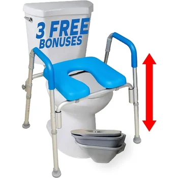 Повдигната тоалетна седалка с дръжки, подплатени, подлакътници, регулируема височина, премиум повдигната тоалетна седалка за безопасност на банята за възрастни