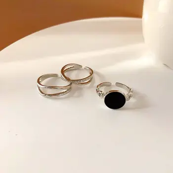 Приятел подаръци Черен скъпоценен камък кристал верига обрат геометрични страна бижута съвместни пръстен комплект корейски стил отваряне пръстен жени пръстени