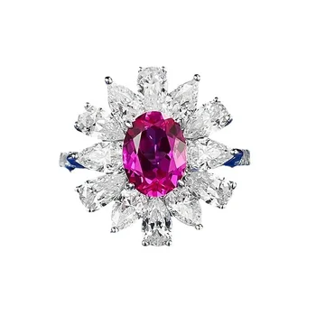 Пролет Qiaoer 925 стерлинги сребро 6 * 8 мм овал рубин високо въглероден диамант скъпоценен камък цвете пръстен за жени фини сватбени бижута