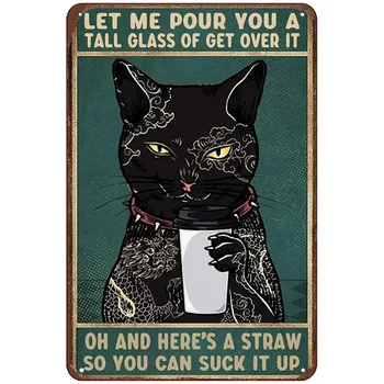 Реколта калай знак баня котка метален плакат черна котка нека ви излее висока чаша на получите над него метален плакат смешно котка метал