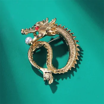 Реколта китайски зодиак дракон брошки за жени мъже мода имитация перла дракон ревера щифтове животински катарама корсаж бижута