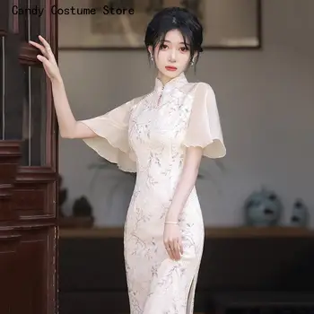 Ретро стойка яка парти рокли Cheongsam нови дамски летни шифон елегантен млад китайски стил дамска рокля Qipao дама