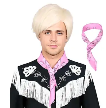 Руса къси перуки за мъже синтетични прави пластове Хелоуин косплей перука за коса за мъж, светло блондинка