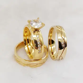 Сватбени пръстени за мъже и жени реколта 3бр 24k позлатени cz диамантени двойки годежен пръстен бижута bijoux de mariage